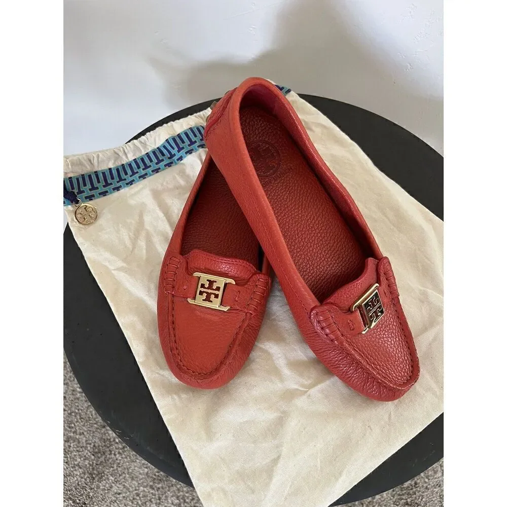 NWOB Tory Burch Kendrick Tumble Leather Orange Flats Loafers W/dustbag Women’s 8